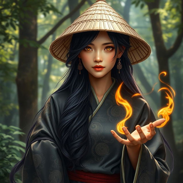 A D&D character portrayal of an Asian human woman, embodying the intertwining roles of a druid and a dragonfire adept