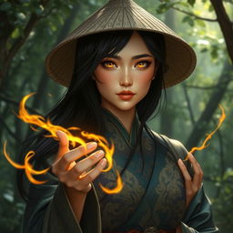 A D&D character portrayal of an Asian human woman, embodying the intertwining roles of a druid and a dragonfire adept