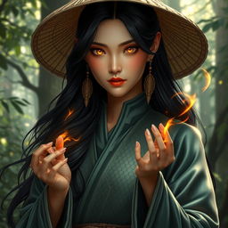 A D&D character portrayal of an Asian human woman, embodying the intertwining roles of a druid and a dragonfire adept