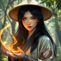 A D&D character portrayal of an Asian human woman, embodying the intertwining roles of a druid and a dragonfire adept