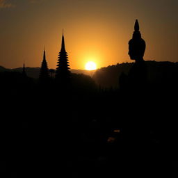 A shadowy landscape of an ancient Myanmar village, showcasing traditional pagodas, rustic village structures, and a prominent statue