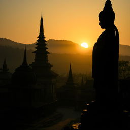 A shadowy landscape of an ancient Myanmar village, showcasing traditional pagodas, rustic village structures, and a prominent statue