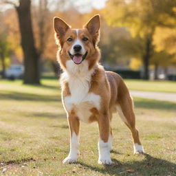 An adorable, full-bodied dog with shining lively eyes, and a playful & wagging tail, standing majestically against a background of a sunny park