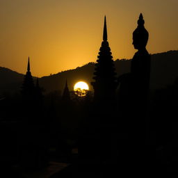 A shadowy landscape of an ancient Myanmar village, showcasing traditional pagodas, rustic village structures, and a prominent statue