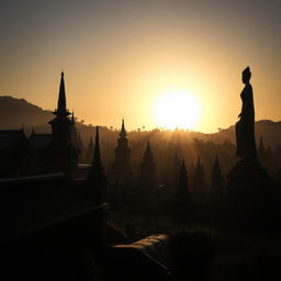 A shadowy landscape of an ancient Myanmar village, showcasing traditional pagodas, rustic village structures, and a prominent statue