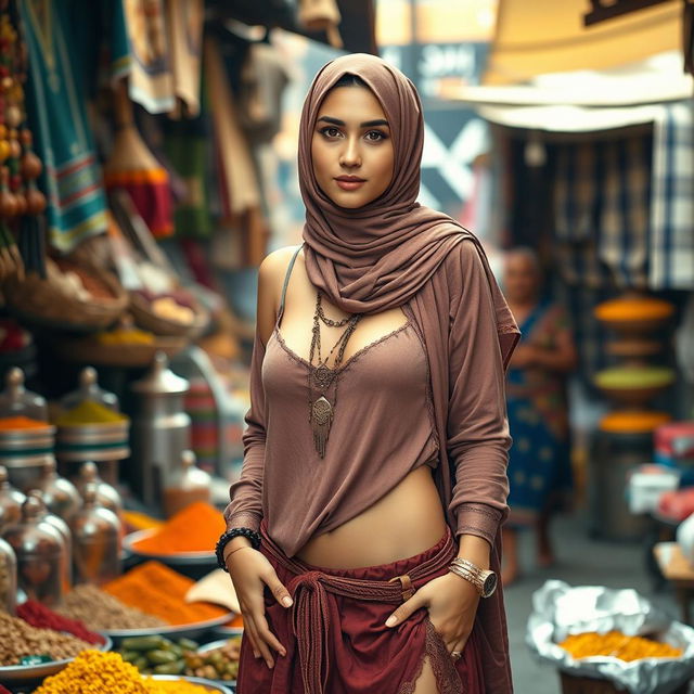 A beautiful European Muslim girl with large bust size, dressed in skimpy, stylish village market attire, standing amidst a bustling village market