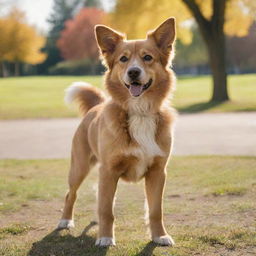 An adorable, full-bodied dog with shining lively eyes, and a playful & wagging tail, standing majestically against a background of a sunny park