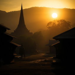 A shadowy landscape of an ancient Myanmar village, featuring a prominent zaydi (stupa), traditional village architecture, and a significant statue