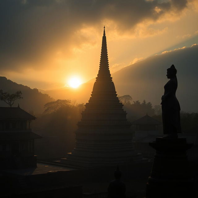 A shadowy landscape of an ancient Myanmar village, featuring a prominent zaydi (stupa), traditional village architecture, and a significant statue