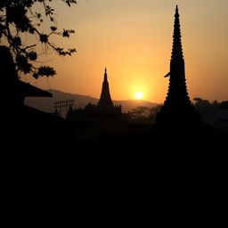 A shadowy landscape of an ancient Myanmar village, featuring a prominent zaydi (stupa), traditional village architecture, and a significant statue