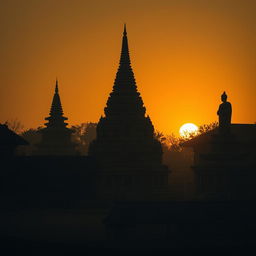 A shadowy landscape of an ancient Myanmar village, featuring a prominent zaydi (stupa), traditional village architecture, and a significant statue