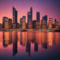 A mesmerizing illuminated cityscape during twilight showcasing the fusion of the fiery hues of sunset and the emerging neon glow of the city, reflecting on a serene body of water