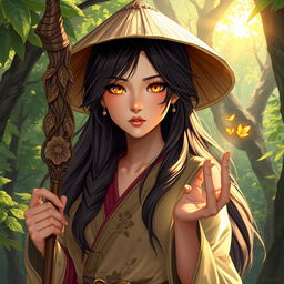 A captivating D&D character illustration of an Asian human woman, embodying the essence of a druid