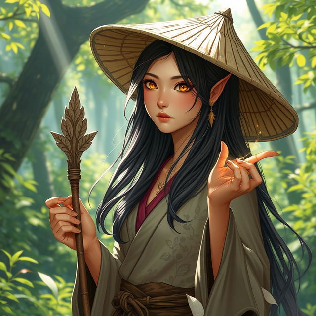 A captivating D&D character illustration of an Asian human woman, embodying the essence of a druid