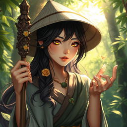 A captivating D&D character illustration of an Asian human woman, embodying the essence of a druid