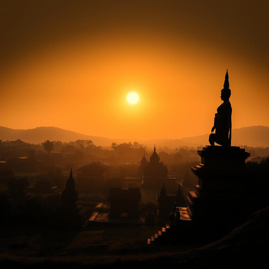 A shadowy landscape capturing an expansive view of an ancient Myanmar village, featuring a prominent zaydi (stupa), traditional village structures, and a significant statue