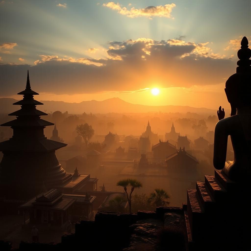 A shadowy landscape capturing an expansive view of an ancient Myanmar village, featuring a prominent zaydi (stupa), traditional village structures, and a significant statue