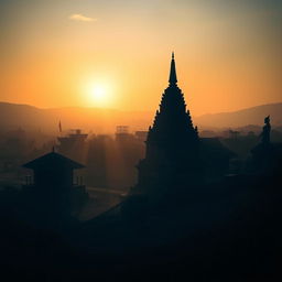 A shadowy landscape capturing an expansive view of an ancient Myanmar village, featuring a prominent zaydi (stupa), traditional village structures, and a significant statue