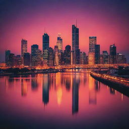 A mesmerizing illuminated cityscape during twilight showcasing the fusion of the fiery hues of sunset and the emerging neon glow of the city, reflecting on a serene body of water