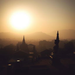 A shadowy landscape capturing an expansive view of an ancient Myanmar village, featuring a prominent zaydi (stupa), traditional village structures, and a significant statue