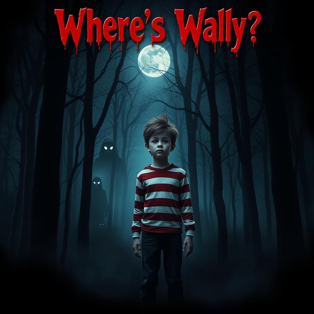 A chilling and eerie "Where's Wally" horror film poster featuring a dark, foggy forest setting