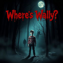 A chilling and eerie "Where's Wally" horror film poster featuring a dark, foggy forest setting