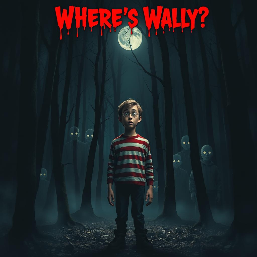 A chilling and eerie "Where's Wally" horror film poster featuring a dark, foggy forest setting