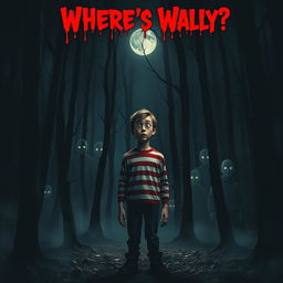 A chilling and eerie "Where's Wally" horror film poster featuring a dark, foggy forest setting