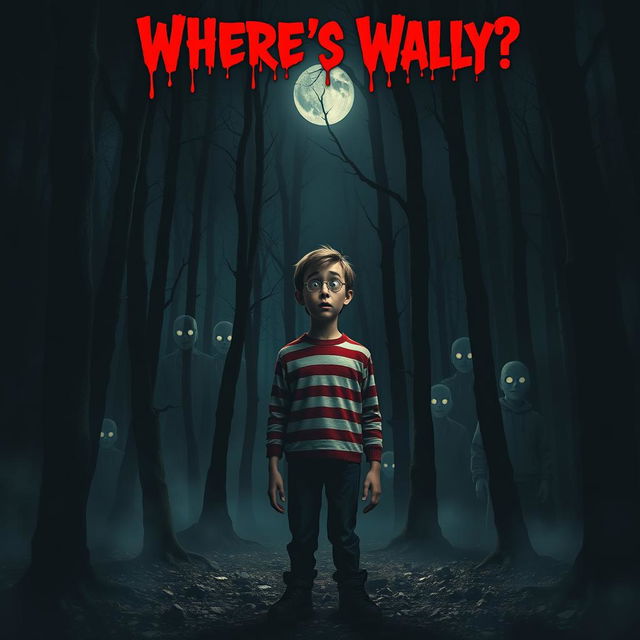 A chilling and eerie "Where's Wally" horror film poster featuring a dark, foggy forest setting