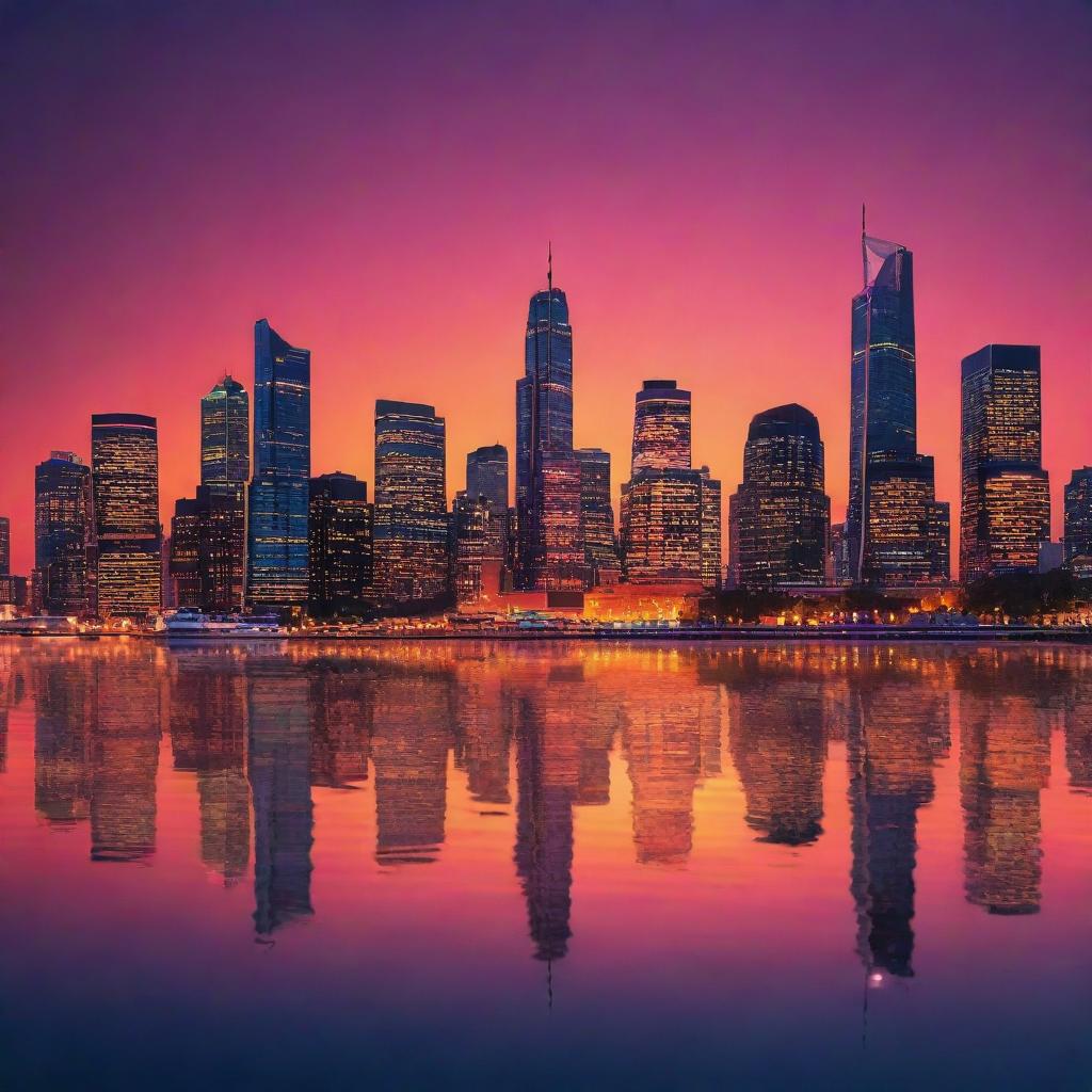 A mesmerizing illuminated cityscape during twilight showcasing the fusion of the fiery hues of sunset and the emerging neon glow of the city, reflecting on a serene body of water