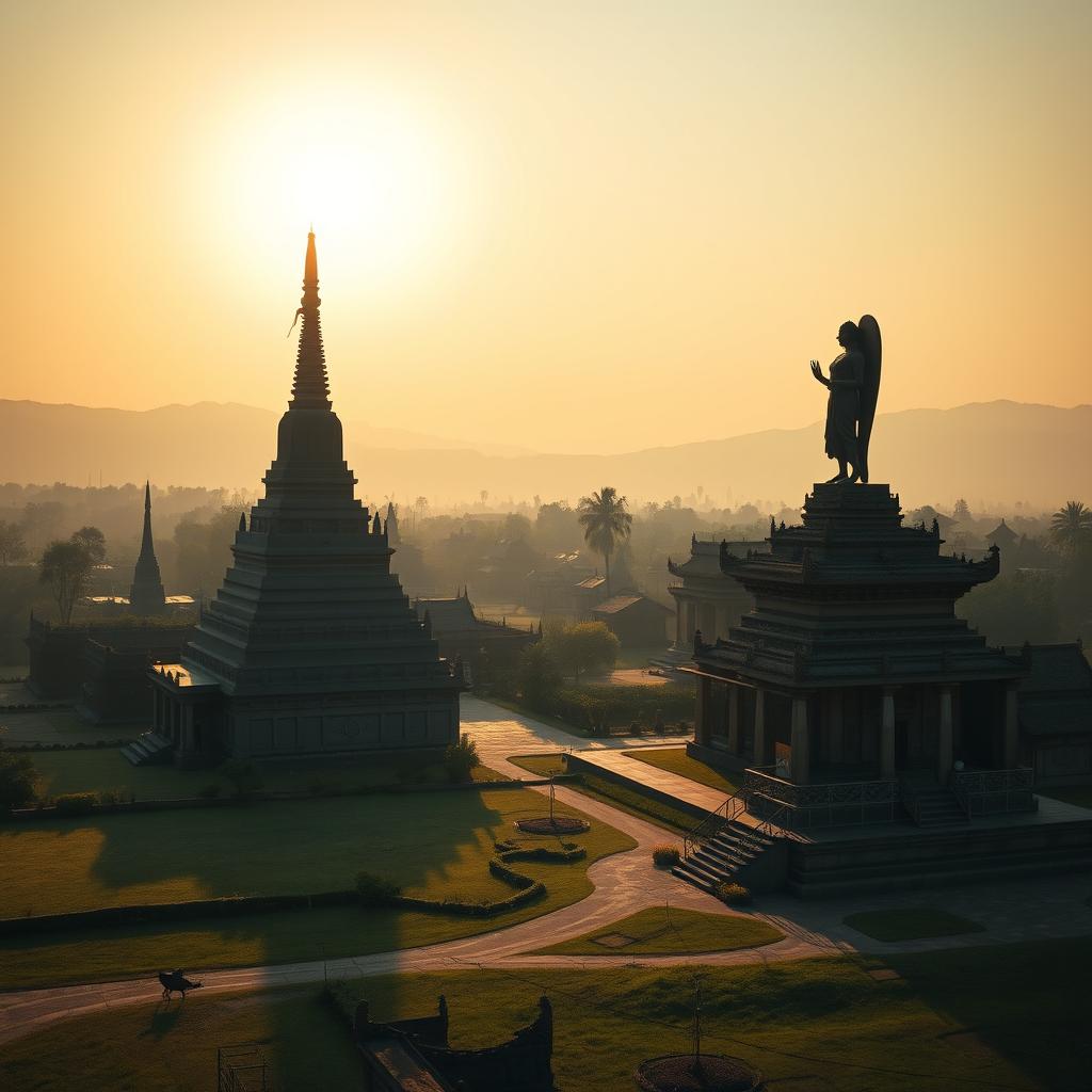 An orthographic shadowy landscape of an ancient Myanmar village, featuring a grand zaydi (stupa), traditional village architecture, and an imposing statue