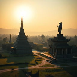 An orthographic shadowy landscape of an ancient Myanmar village, featuring a grand zaydi (stupa), traditional village architecture, and an imposing statue