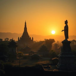 An orthographic shadowy landscape of an ancient Myanmar village, featuring a grand zaydi (stupa), traditional village architecture, and an imposing statue