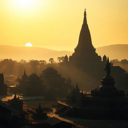 An orthographic shadowy landscape of an ancient Myanmar village, featuring a grand zaydi (stupa), traditional village architecture, and an imposing statue