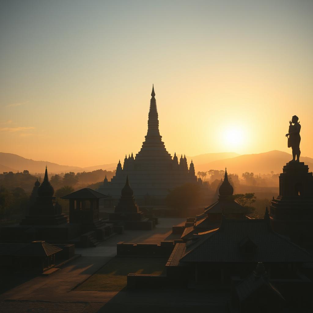 An orthographic shadowy landscape of an ancient Myanmar village, featuring a grand zaydi (stupa), traditional village architecture, and an imposing statue