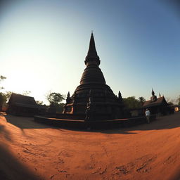 A shadowy landscape of an ancient Myanmar village captured in a horizontal wide view at human eye level, featuring a majestic zaydi (stupa), traditional village houses, and a notable statue