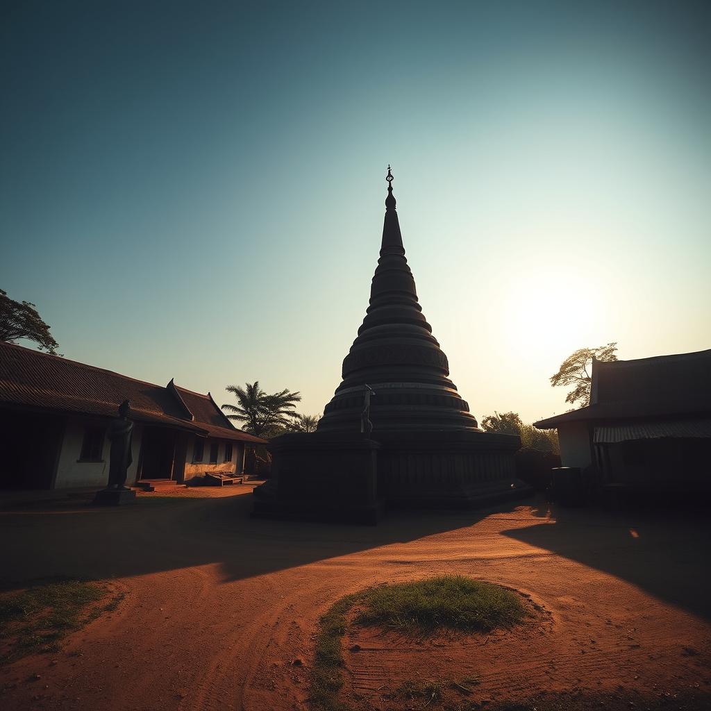 A shadowy landscape of an ancient Myanmar village captured in a horizontal wide view at human eye level, featuring a majestic zaydi (stupa), traditional village houses, and a notable statue