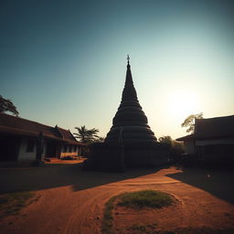 A shadowy landscape of an ancient Myanmar village captured in a horizontal wide view at human eye level, featuring a majestic zaydi (stupa), traditional village houses, and a notable statue