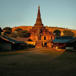 A shadowy landscape of an ancient Myanmar village captured in a horizontal wide view at human eye level, featuring a majestic zaydi (stupa), traditional village houses, and a notable statue