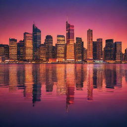 A mesmerizing illuminated cityscape during twilight showcasing the fusion of the fiery hues of sunset and the emerging neon glow of the city, reflecting on a serene body of water