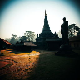 A shadowy landscape of an ancient Myanmar village captured in a horizontal wide view at human eye level, featuring a majestic zaydi (stupa), traditional village houses, and a notable statue