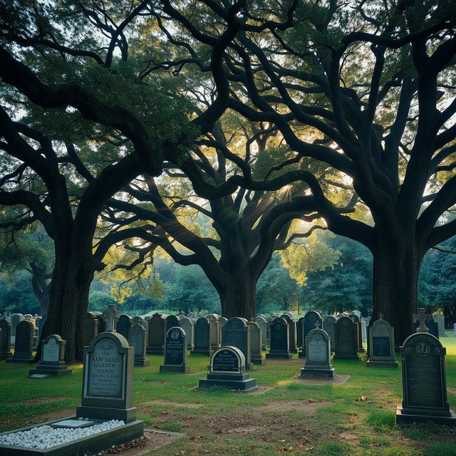 A serene and quiet graveyard, enveloped in a tranquil atmosphere