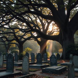 A serene and quiet graveyard, enveloped in a tranquil atmosphere