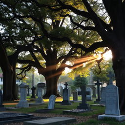 A serene and quiet graveyard, enveloped in a tranquil atmosphere