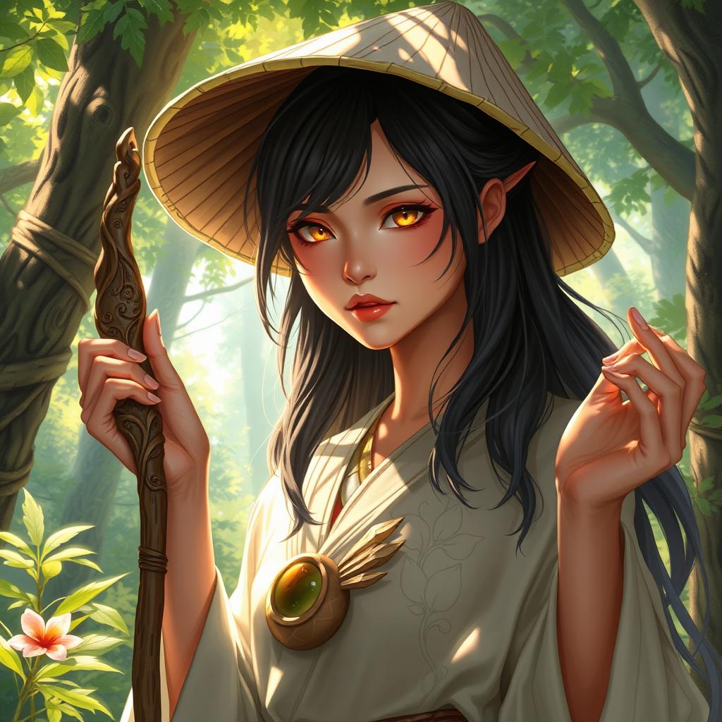 A captivating D&D character illustration of an Asian human woman, embodying the essence of a druid