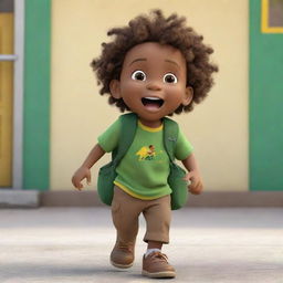 A Pixar-style animated image of an excited Jamaican toddler Rasta boy at preschool. He is wearing a green and yellow shirt, brown pants, and carrying a knapsack on his back