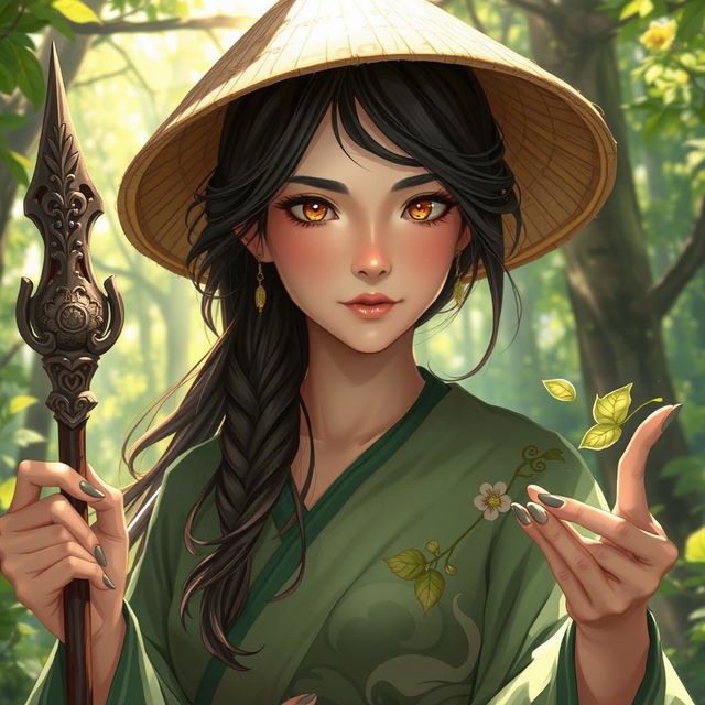 A captivating D&D character illustration of an Asian human woman, embodying the essence of a druid