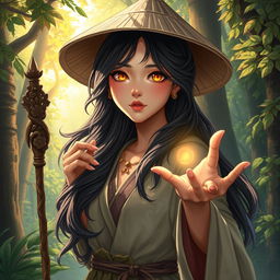 A captivating D&D character illustration of an Asian human woman, embodying the essence of a druid