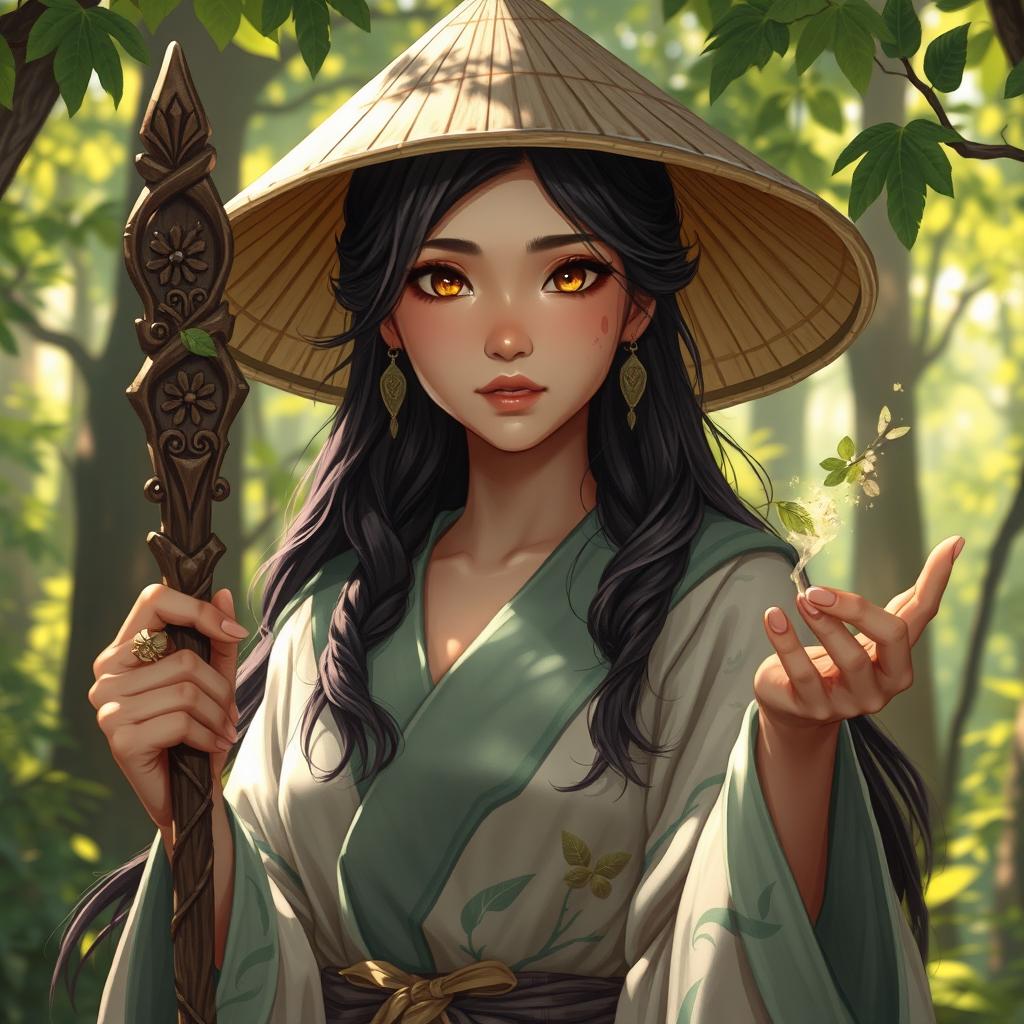 A captivating D&D character illustration of an Asian human woman, embodying the essence of a druid