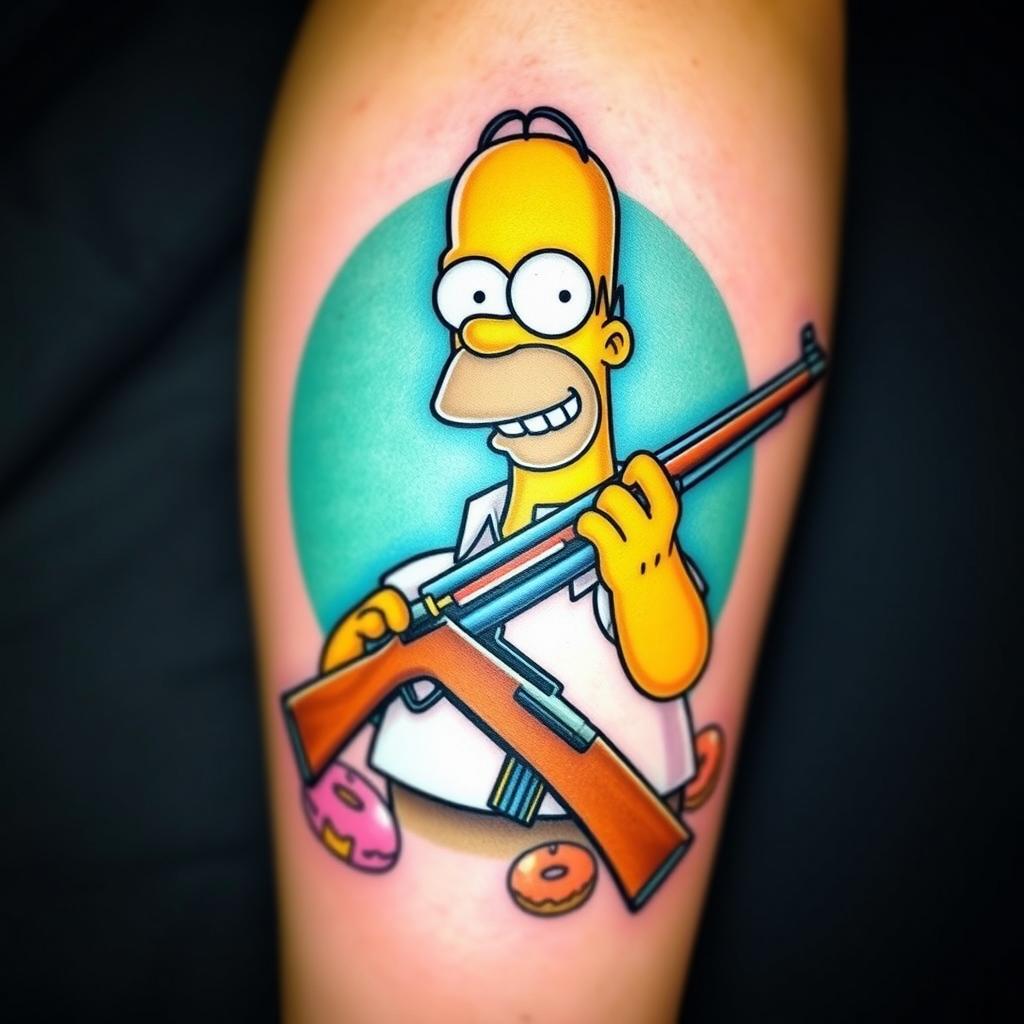 Homer Simpson as a tattoo design, holding a rifle with a playful and humorous expression